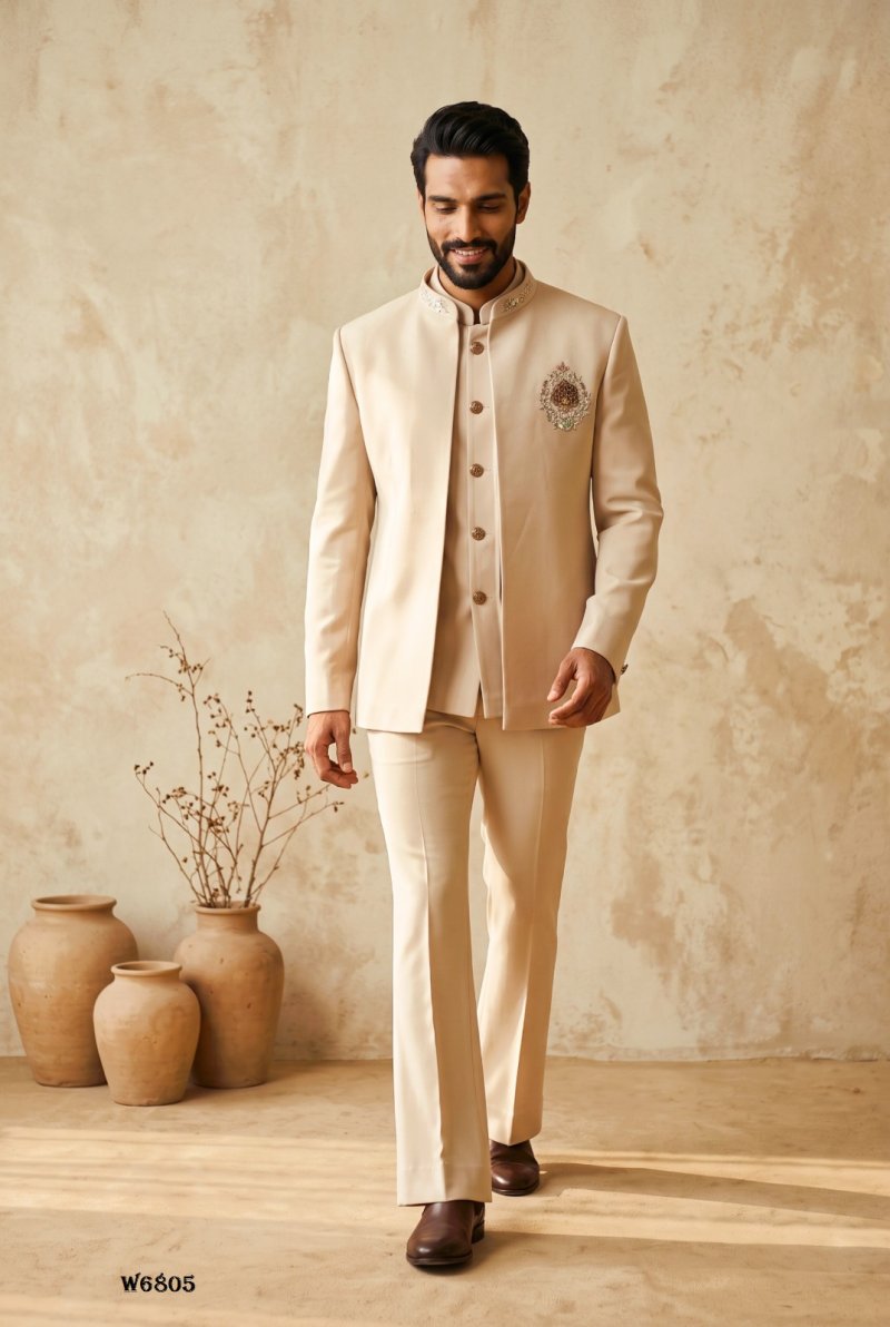 Cream Outluk Wedding Vol 68 Lachaka Hand Work Mens Jodhpuri Suit W6805.